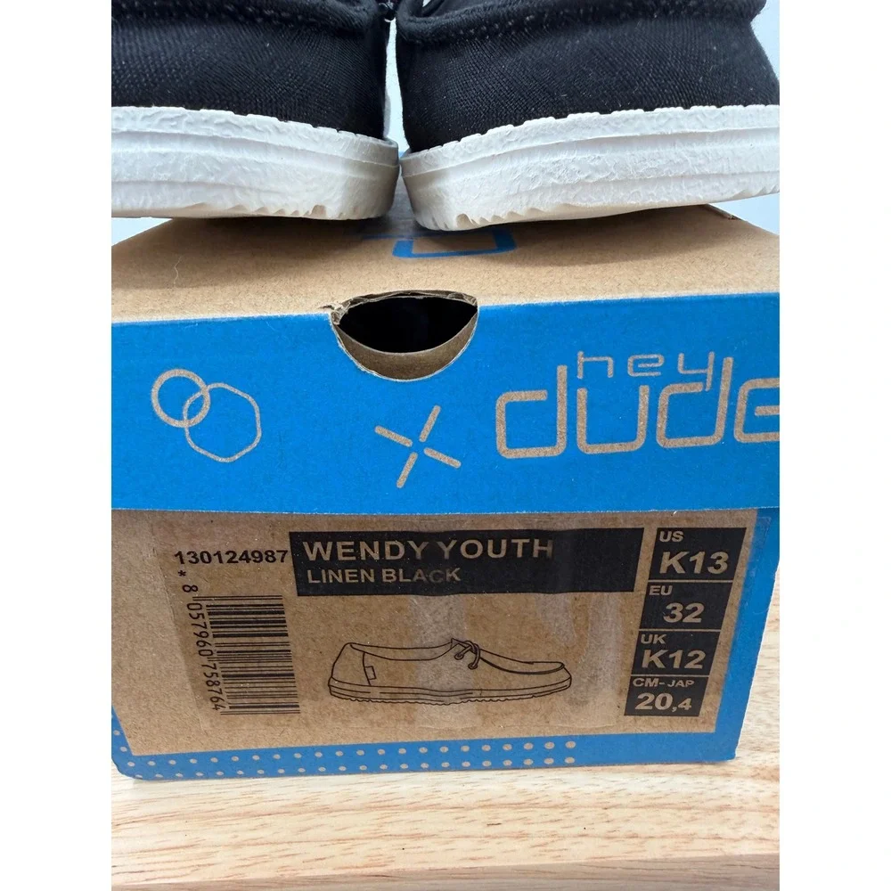 NWT Hey Dude Wendy Youth Linen Black Slip On Loafers Lightweight Kids Shoes K12